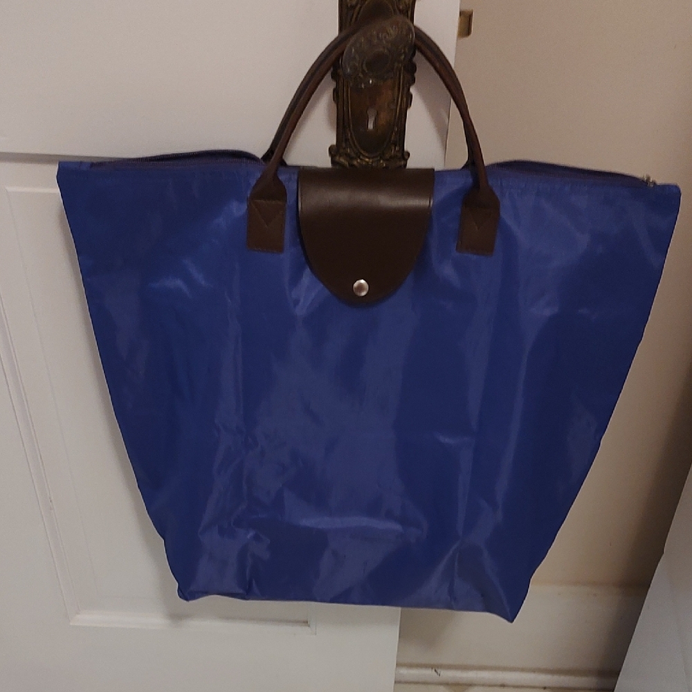 Blue Tote Bag with Brown Handles